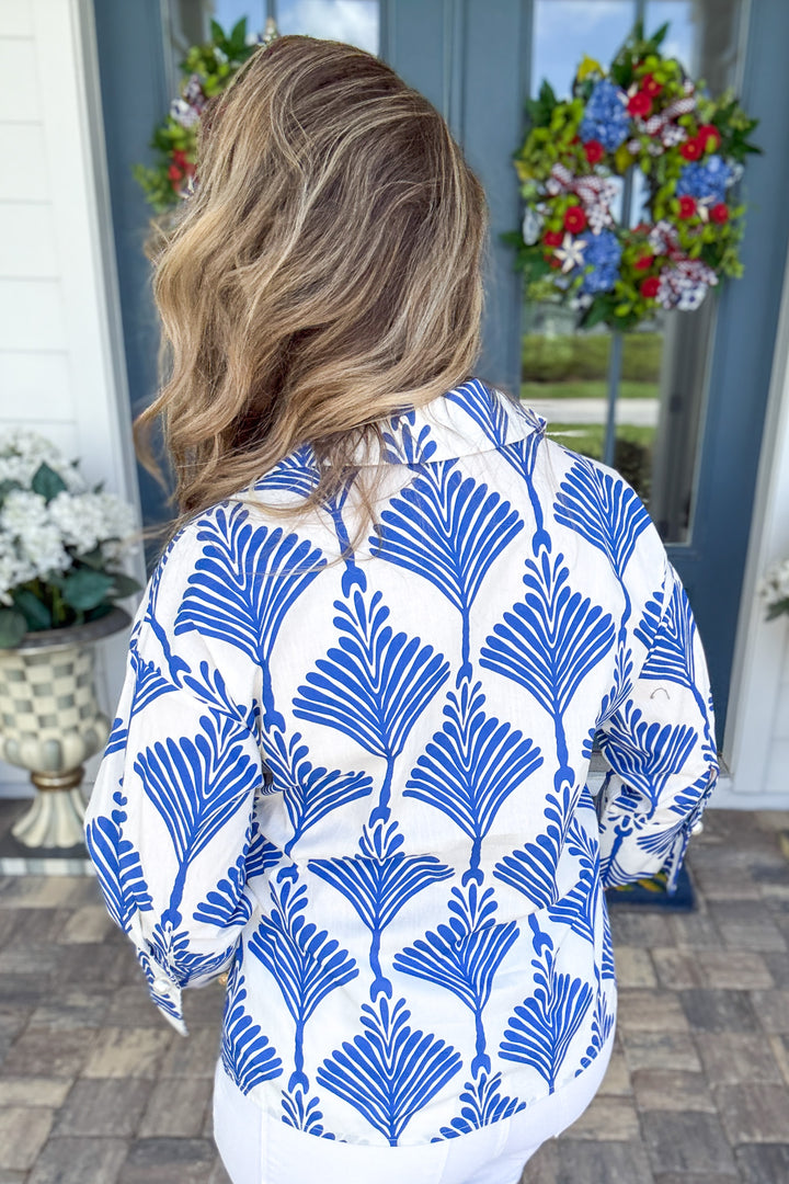 Coastal Palm Print Blouse - Royal