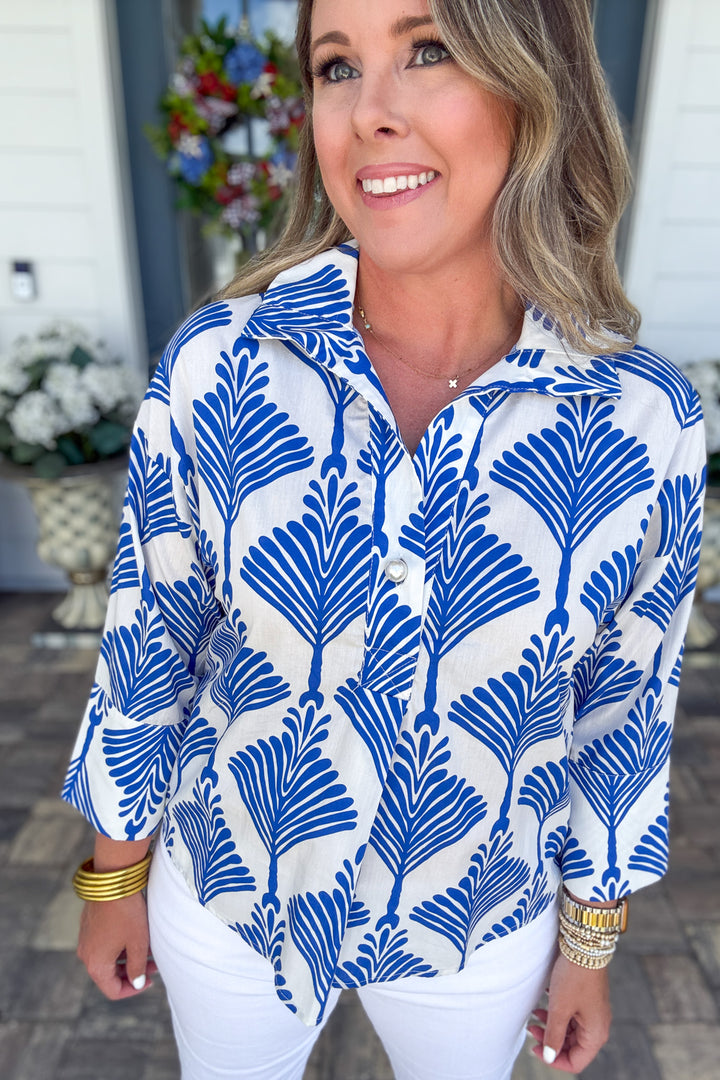 Coastal Palm Print Blouse - Royal