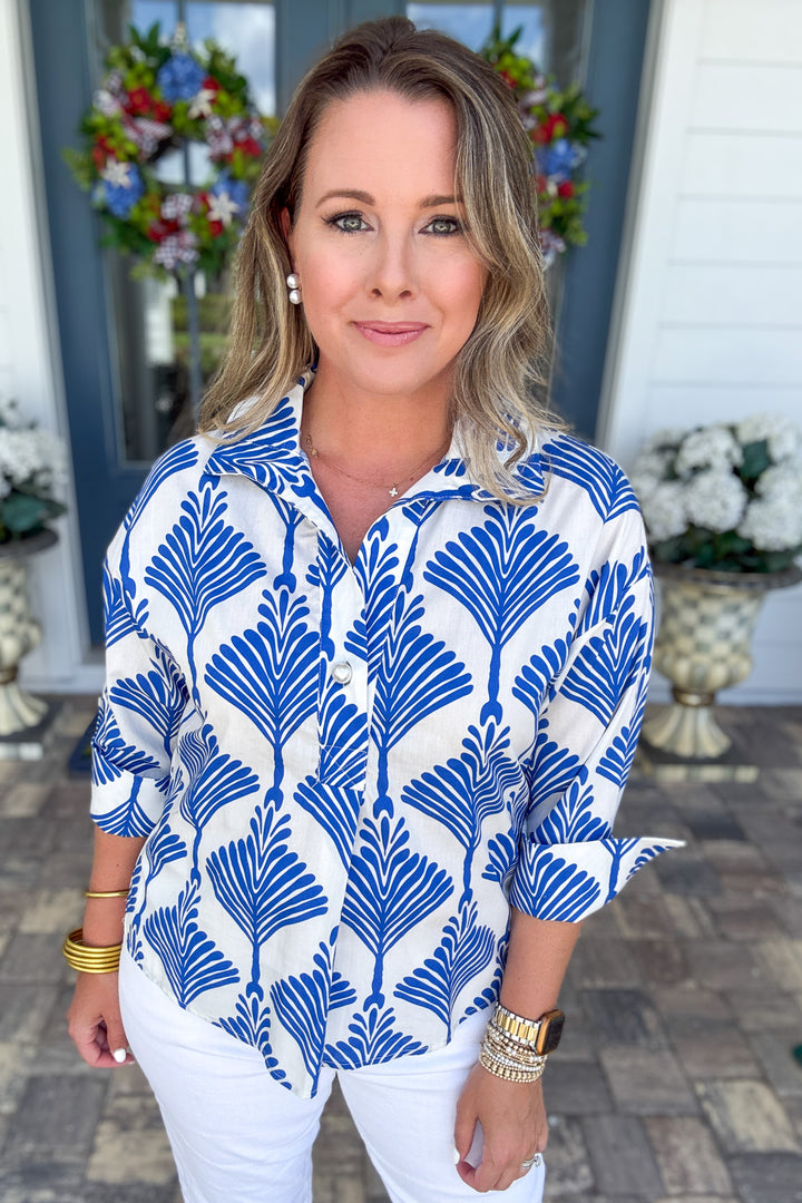 Coastal Palm Print Blouse - Royal