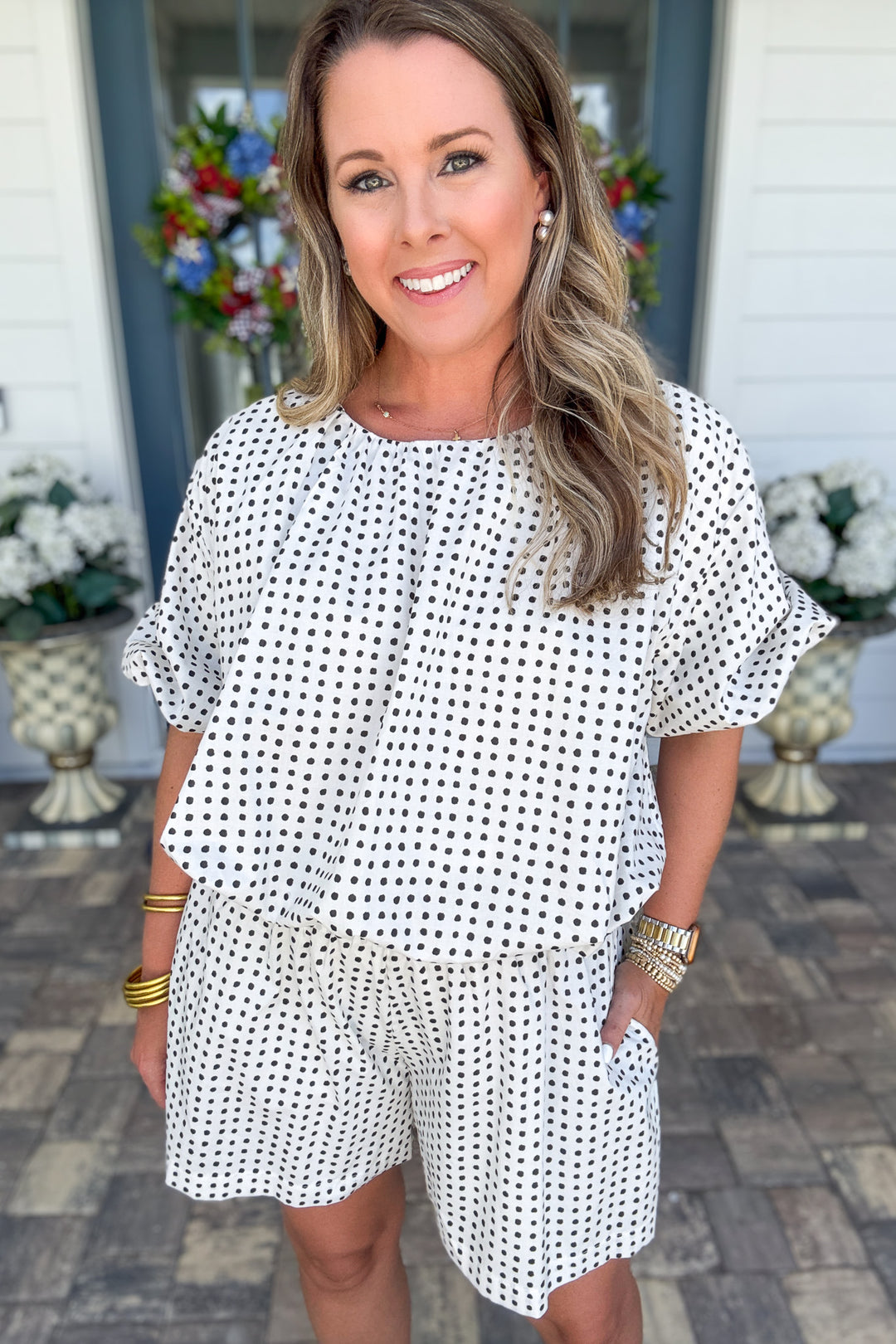 Dot Shorts With Pleats and Elastic Waist Ruffle