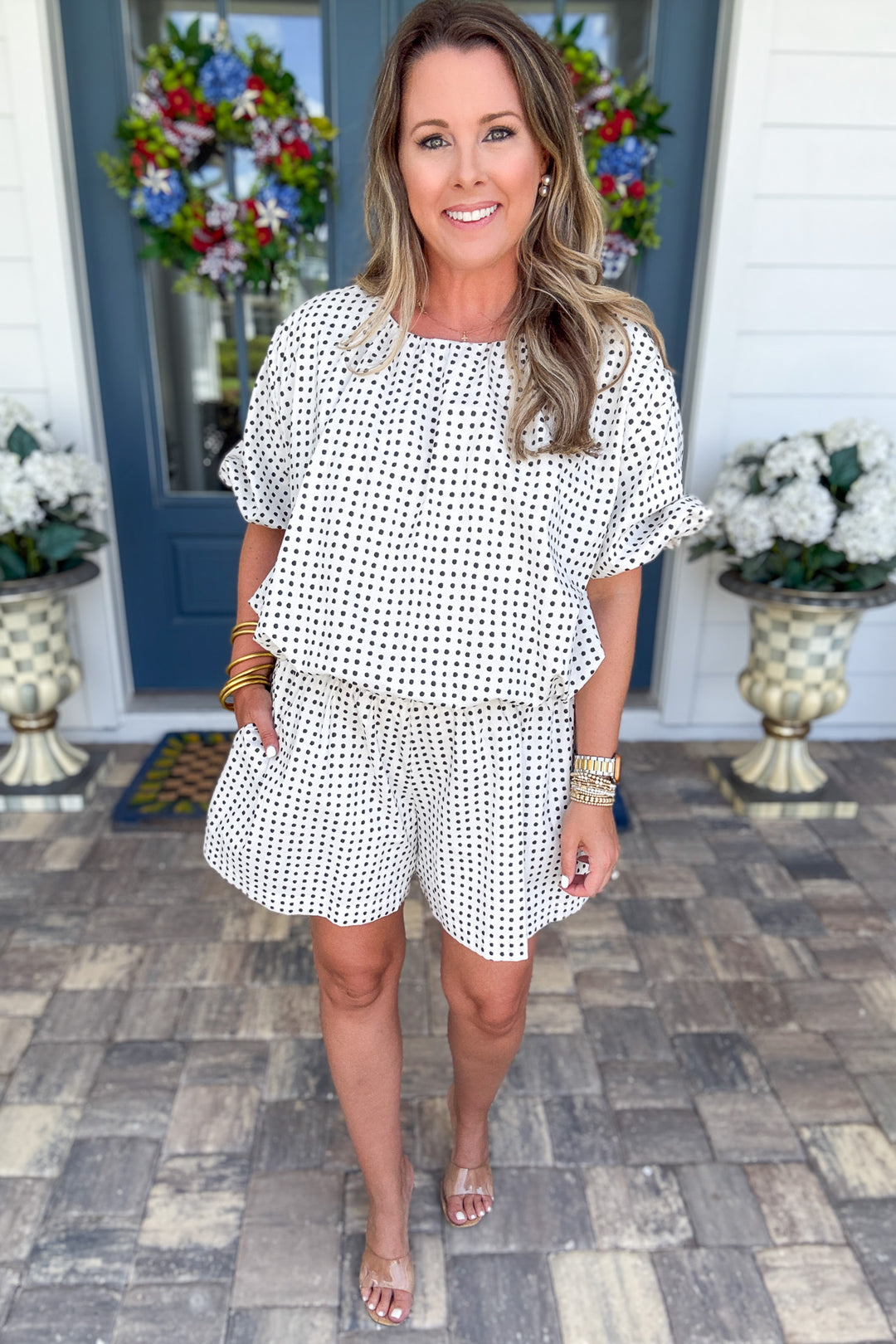 Dot Shorts With Pleats and Elastic Waist Ruffle