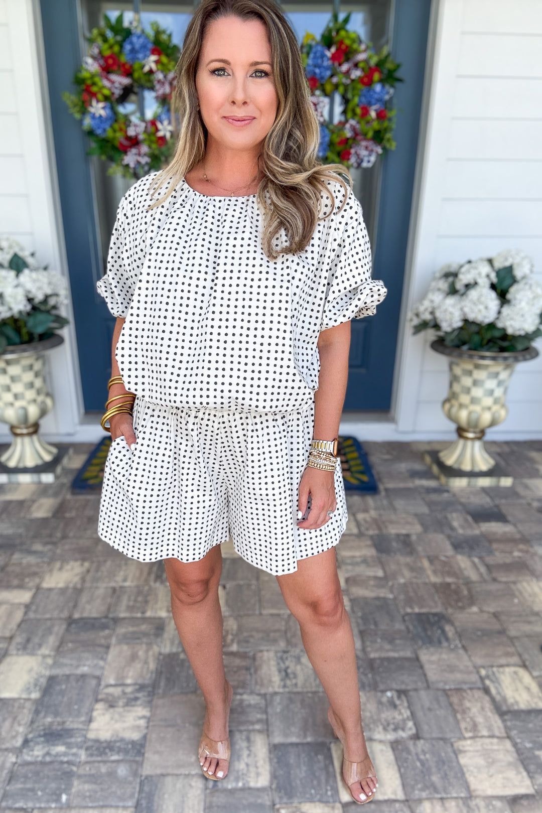 Bubble Crop Top With Round Neck Balloon Sleeve Dot Print