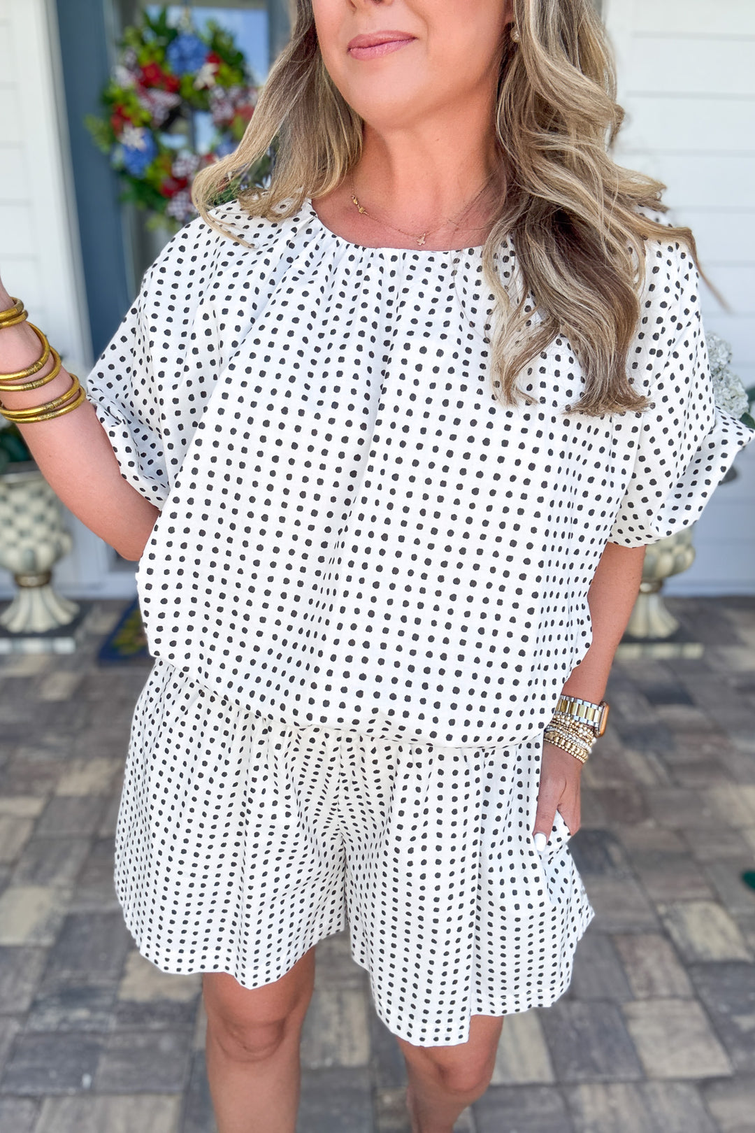 Dot Shorts With Pleats and Elastic Waist Ruffle