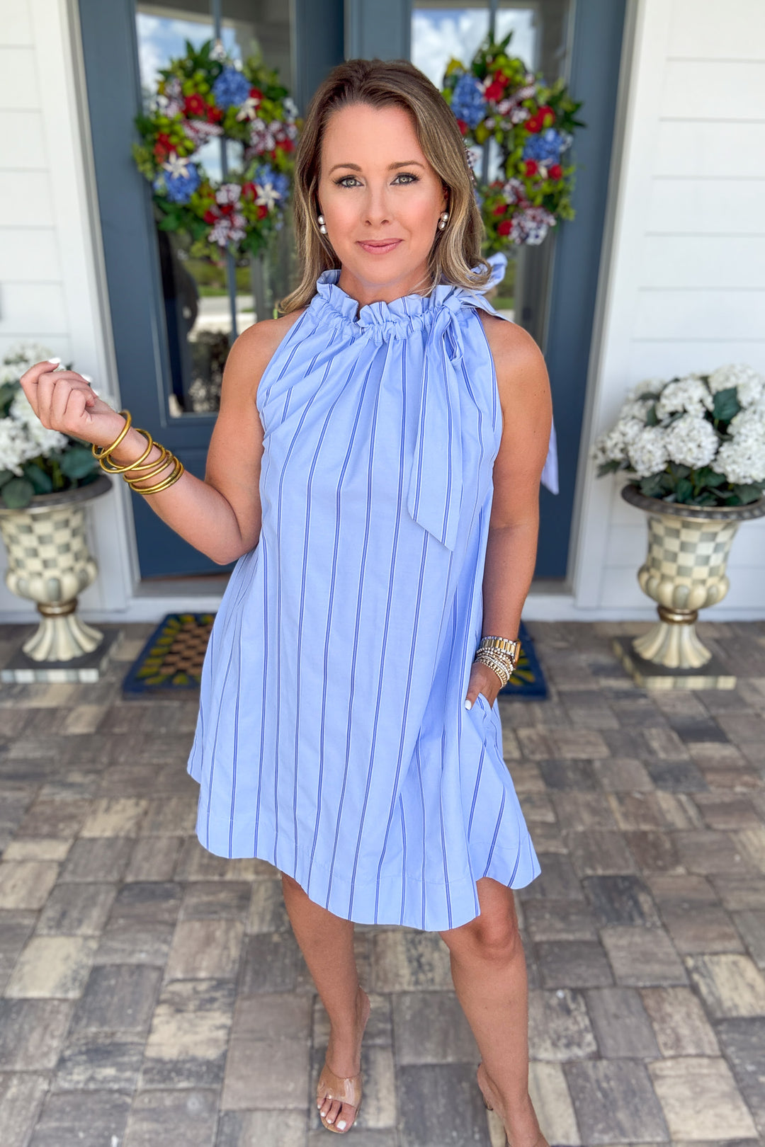 Bluebell Stripe Tie-Neck Dress