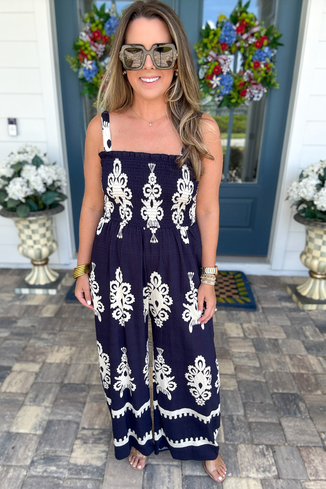 Midnight Mosaic Smocked Jumpsuit - Navy