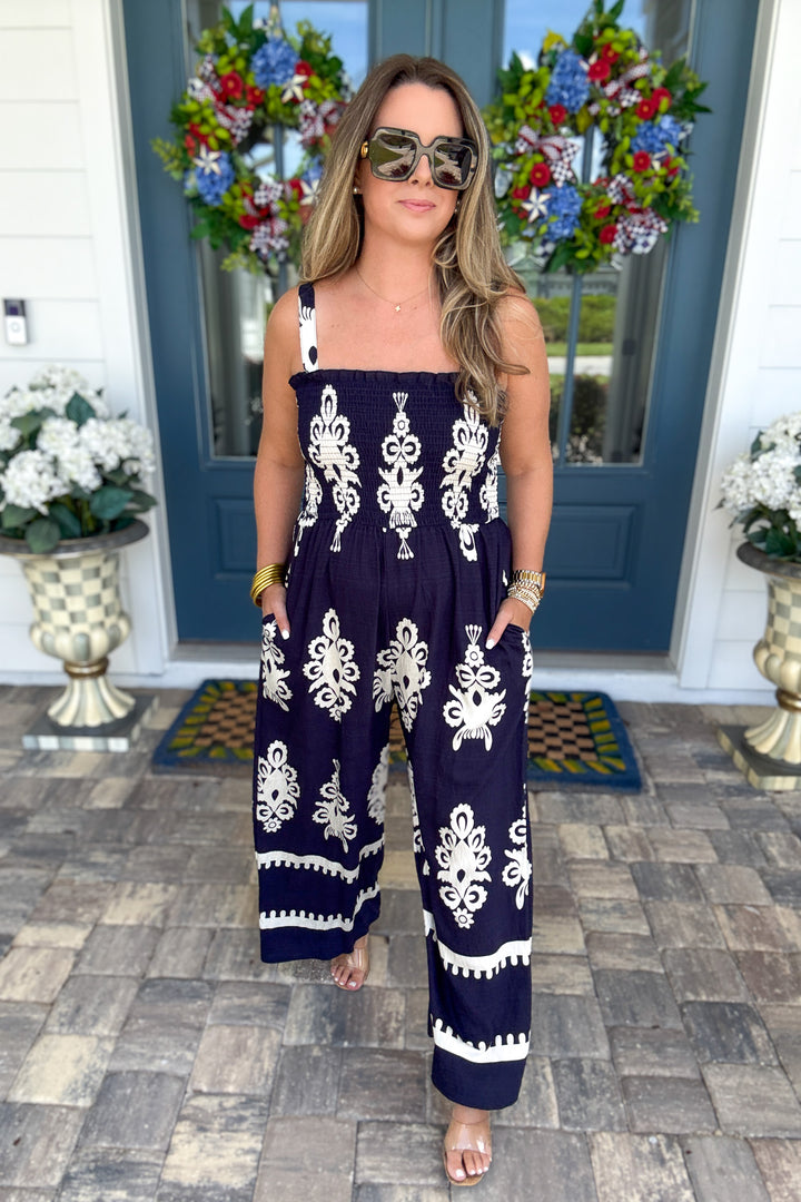 Midnight Mosaic Smocked Jumpsuit - Navy