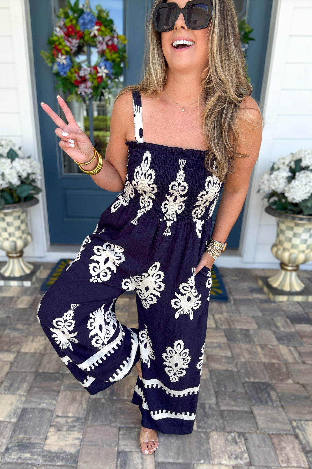 Midnight Mosaic Smocked Jumpsuit - Navy