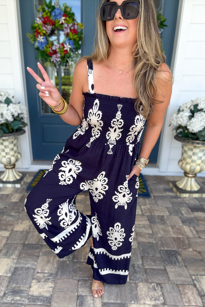 Midnight Mosaic Smocked Jumpsuit - Navy