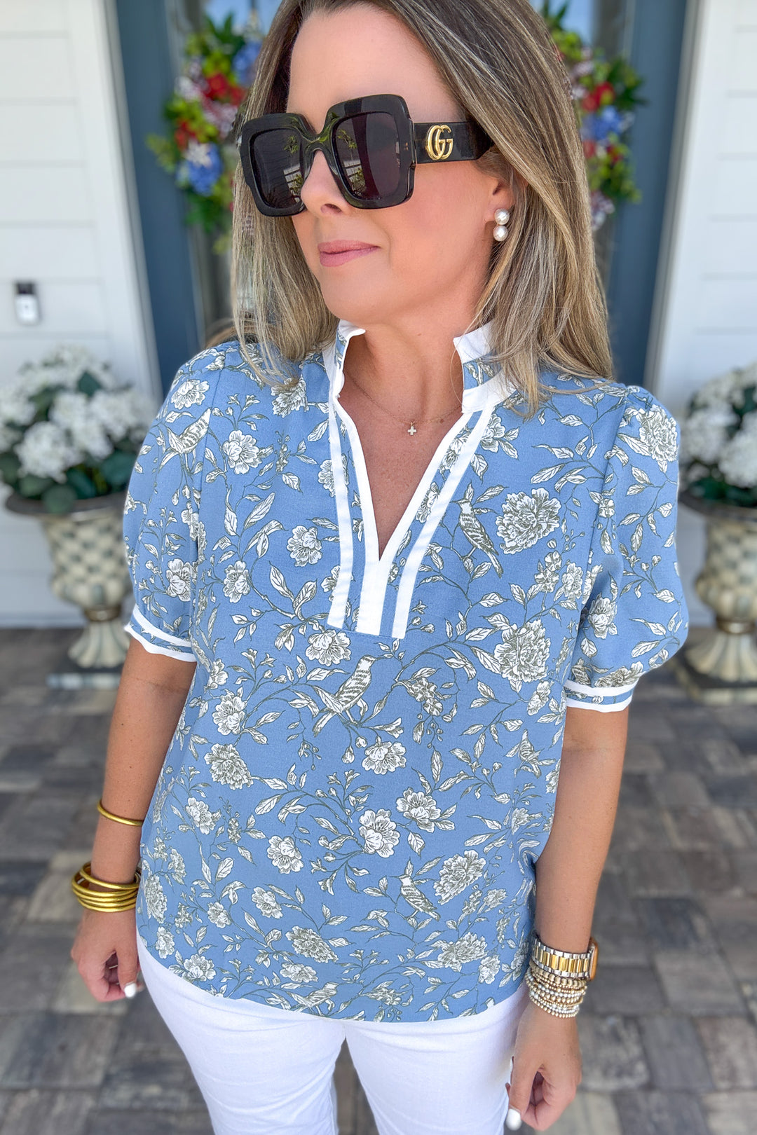 Mary Square: Tricia Short Sleeve Top - Song Bird Blue