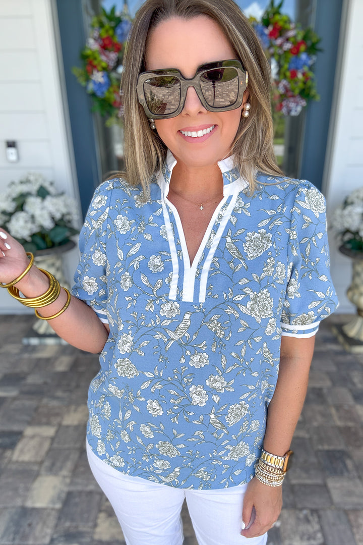 Mary Square: Tricia Short Sleeve Top - Song Bird Blue