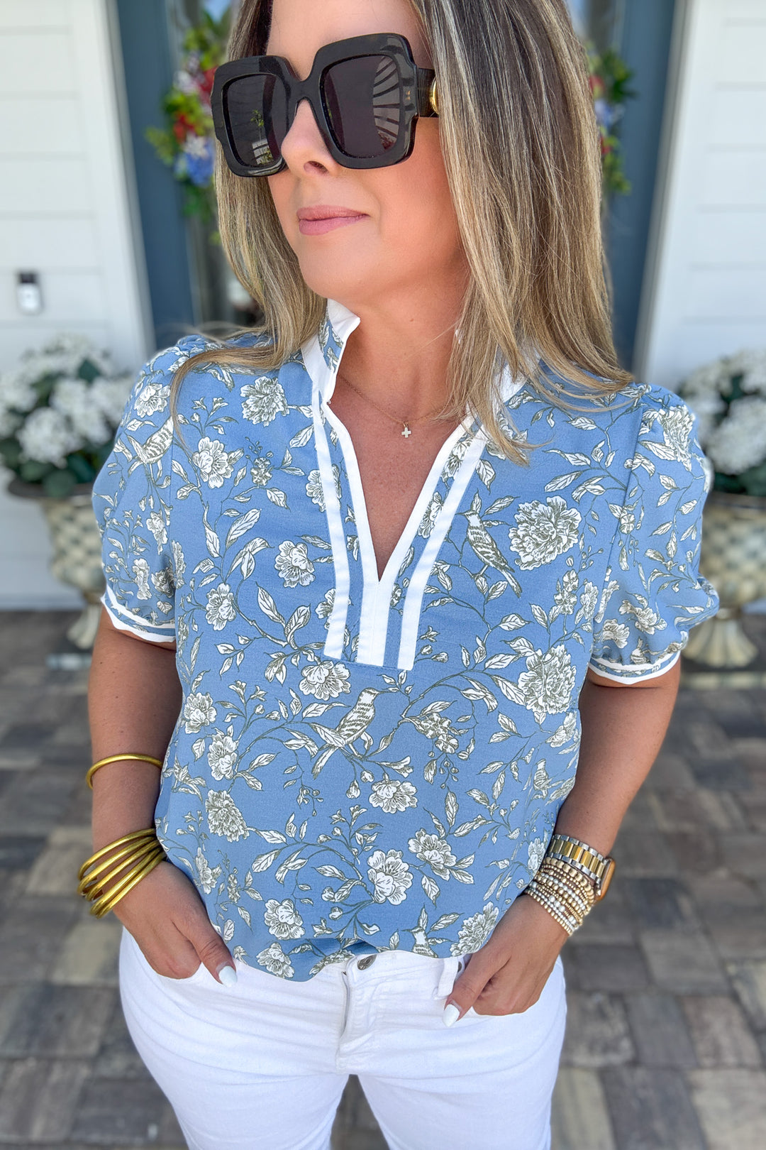 Mary Square: Tricia Short Sleeve Top - Song Bird Blue