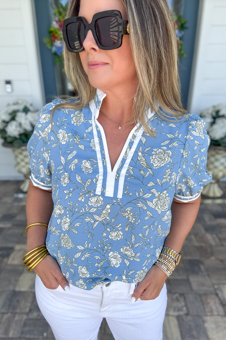 Mary Square: Tricia Short Sleeve Top - Song Bird Blue