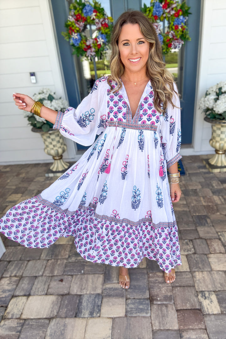 Pink Bloom Border Print Maxi Dress