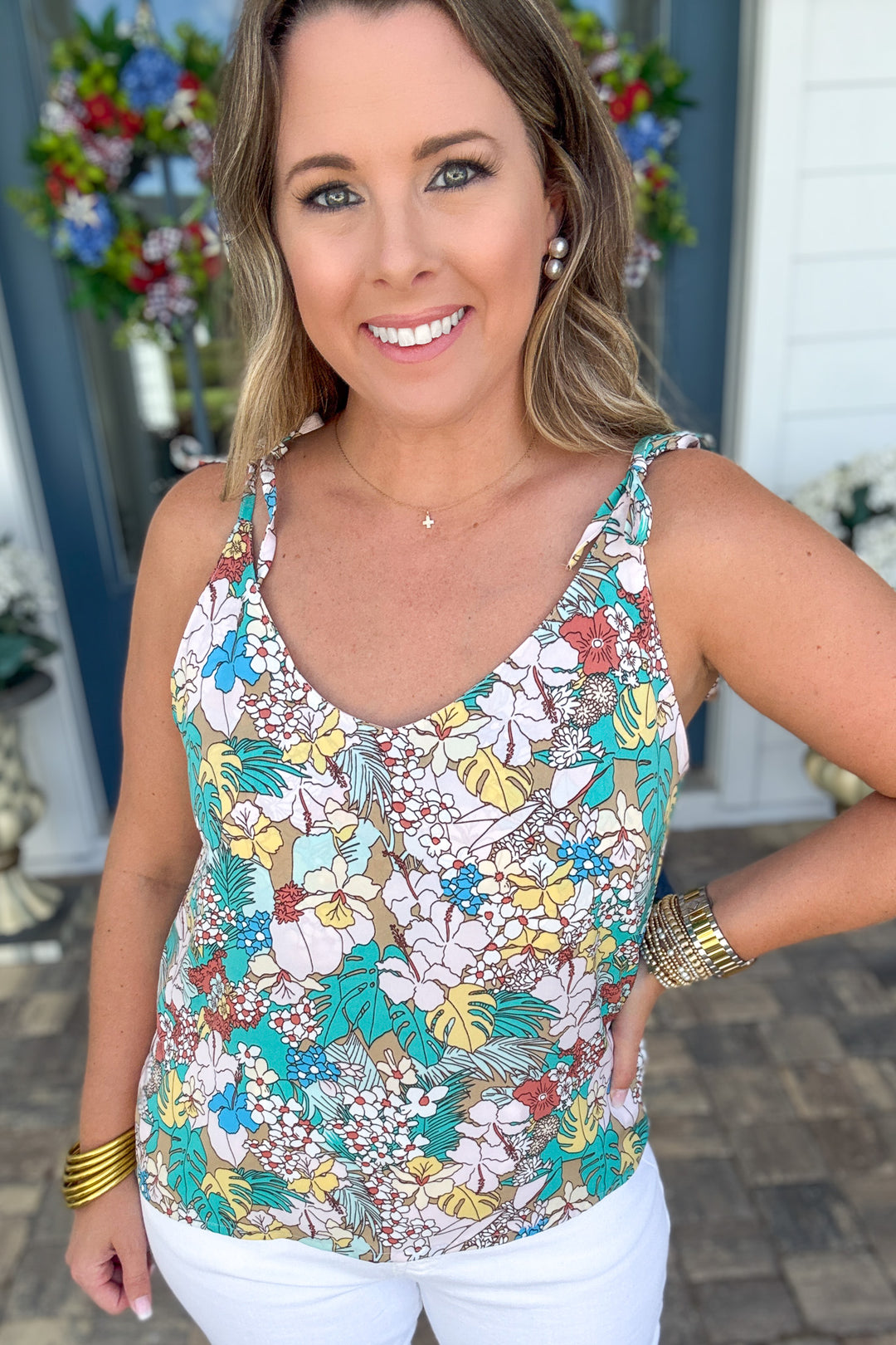 Tropical Garden Tie-Shoulder Tank - Turquoise