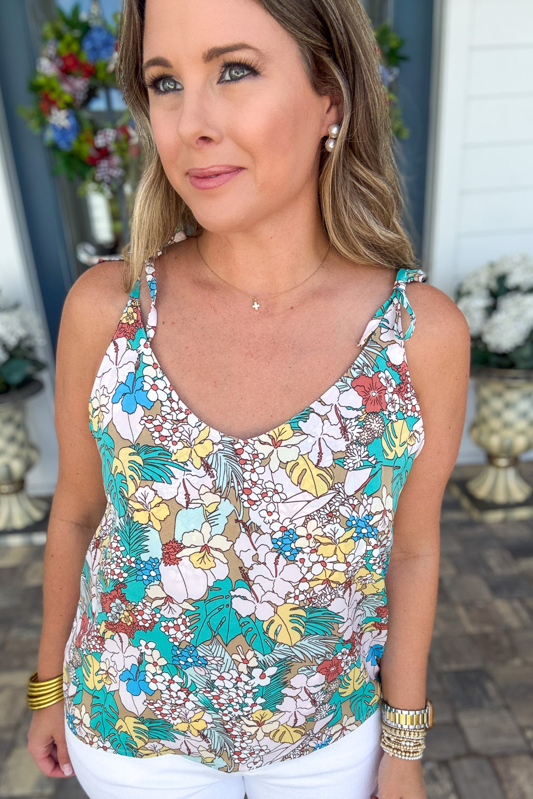 Tropical Garden Tie-Shoulder Tank - Turquoise