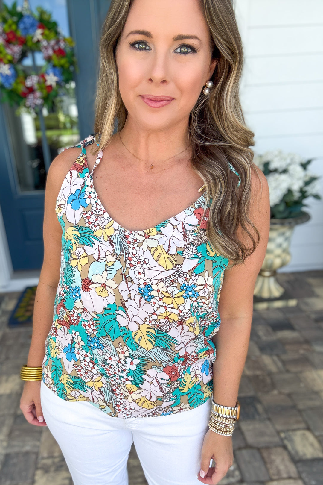 Tropical Garden Tie-Shoulder Tank - Turquoise