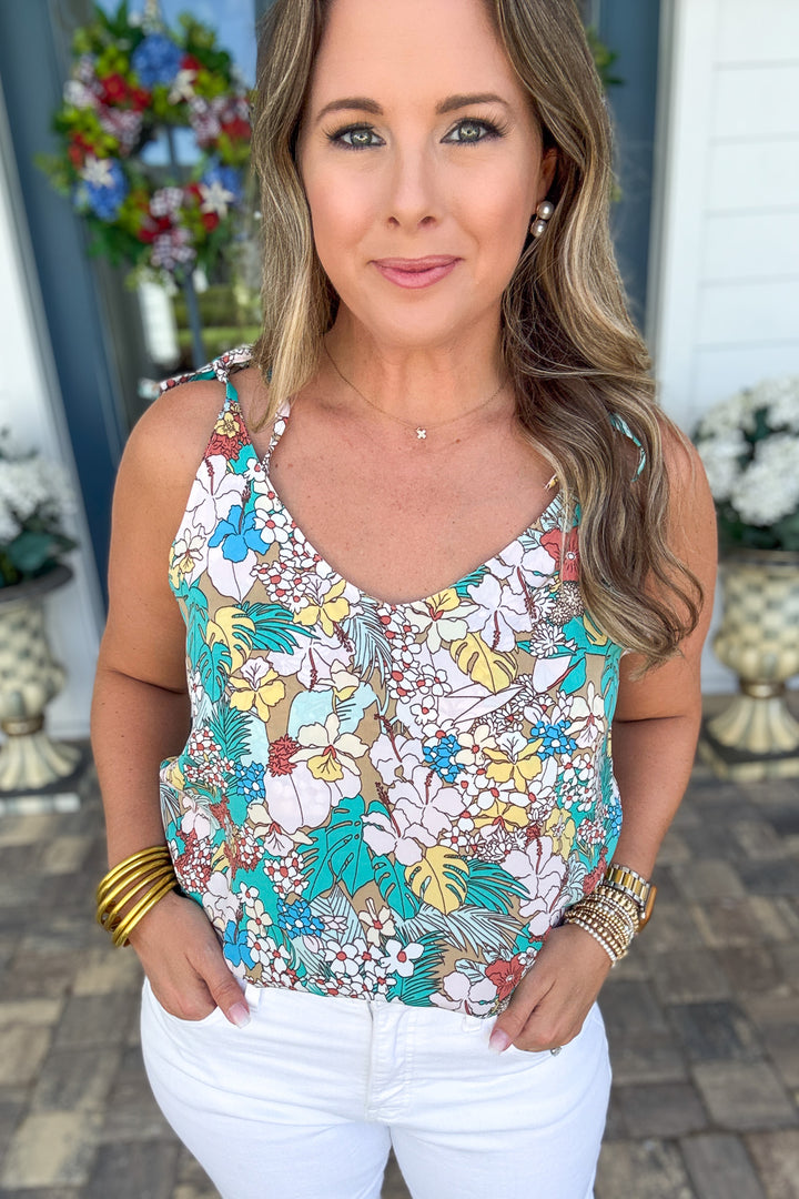 Tropical Garden Tie-Shoulder Tank - Turquoise