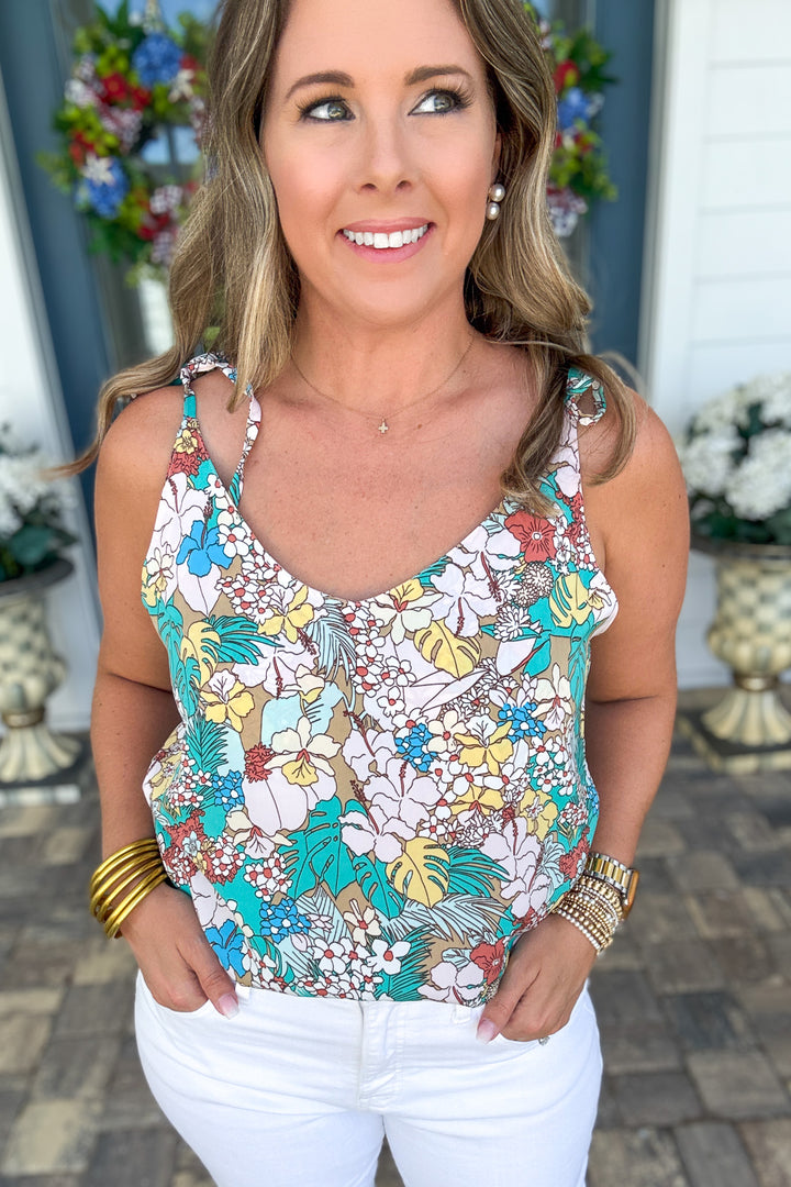 Tropical Garden Tie-Shoulder Tank - Turquoise