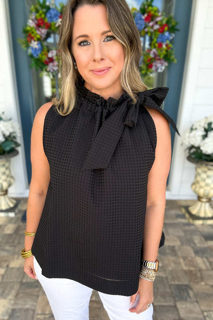Black Textured Bow Neck Sleeveless Top