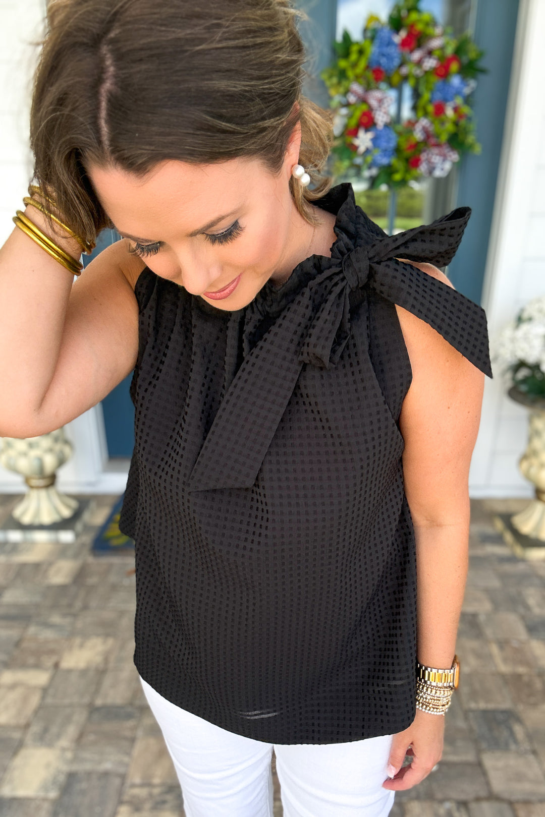 Black Textured Bow Neck Sleeveless Top