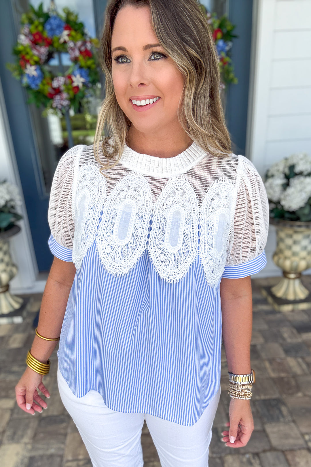 Blue Stripe Lace Blouse