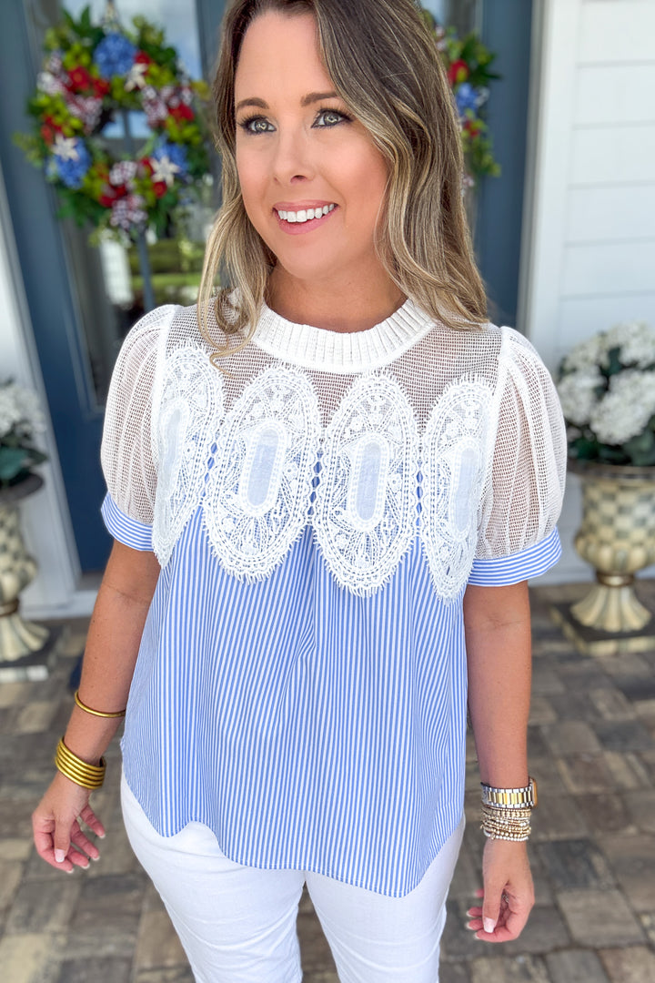 Blue Stripe Lace Blouse