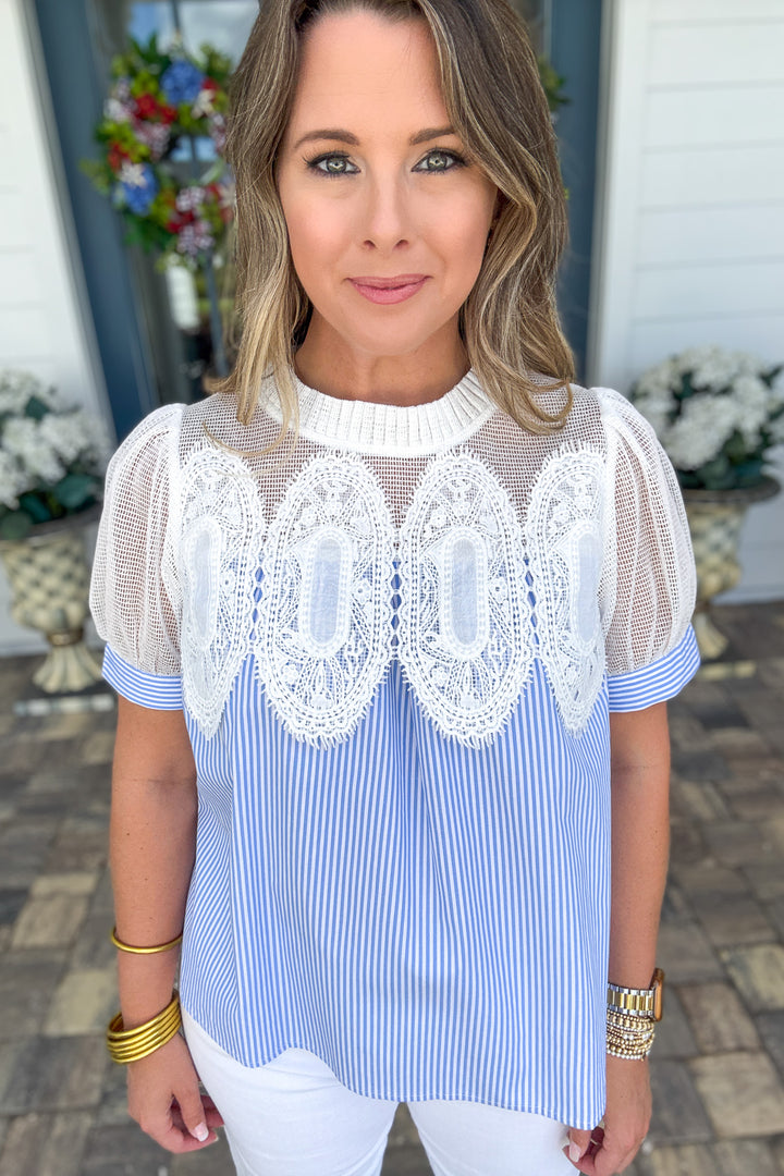 Blue Stripe Lace Blouse