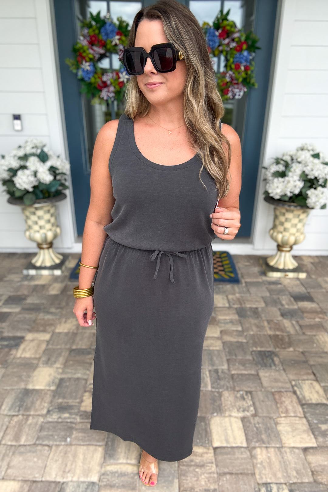 SPANX AirEssentials®: Sandwashed Cinched Maxi Tank Dress - Washed Graphite