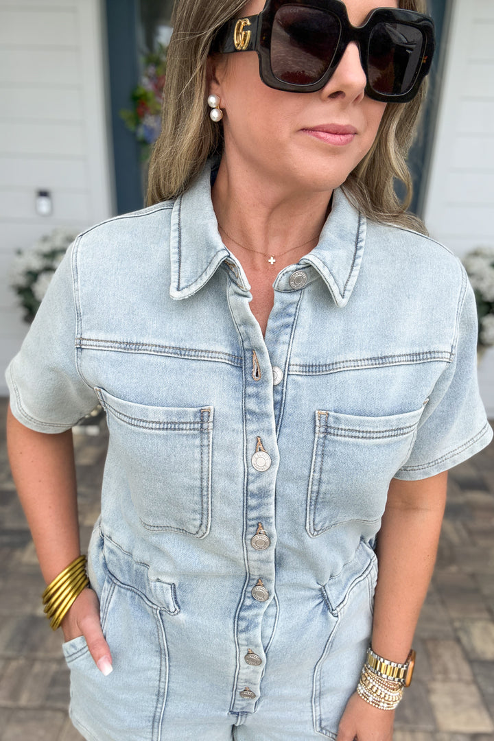Z Supply: Elias Denim Romper - Sun Bleached Indigo