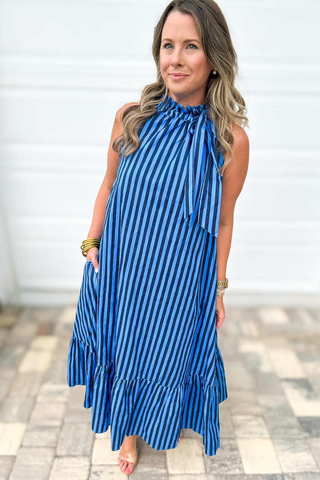 Ocean Daydream Striped Ruffle Neck Tie Dress - Navy