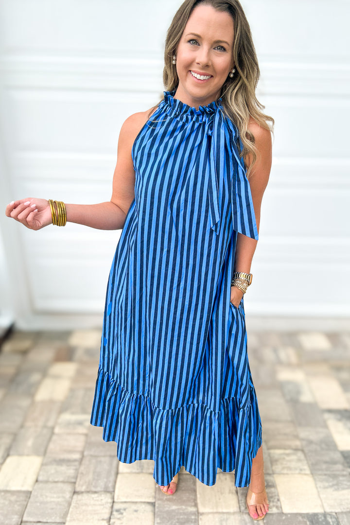 Ocean Daydream Striped Ruffle Neck Tie Dress - Navy