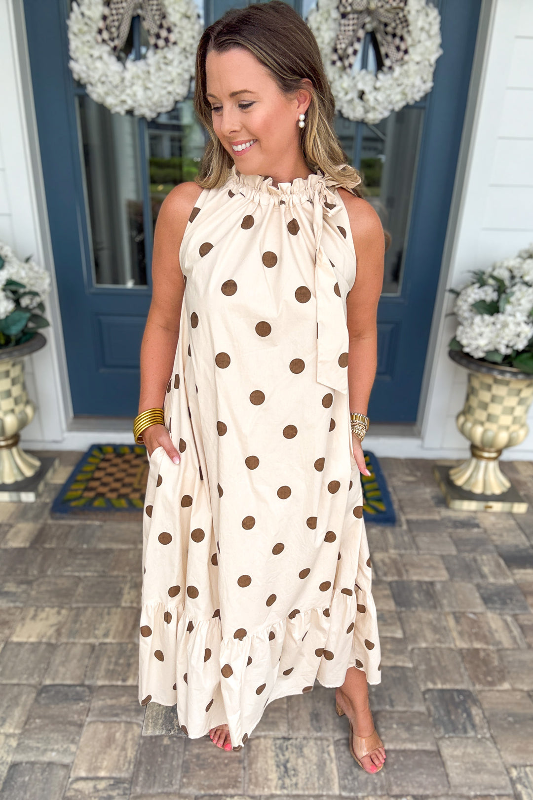 Lovely Little Lady Polka Dot Midi Dress - Mocha