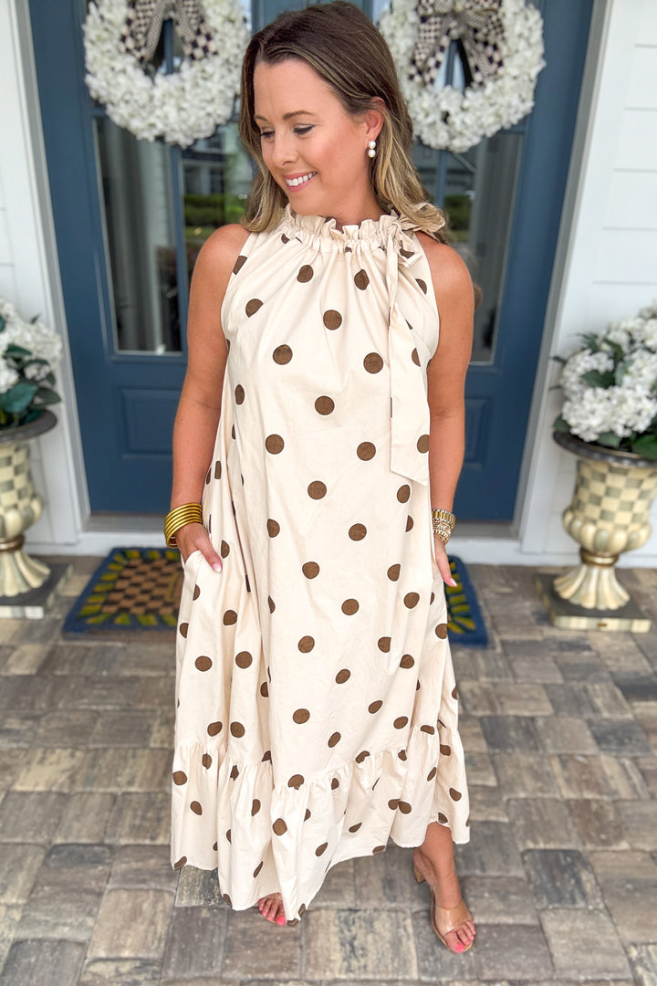 Lovely Little Lady Polka Dot Midi Dress - Mocha