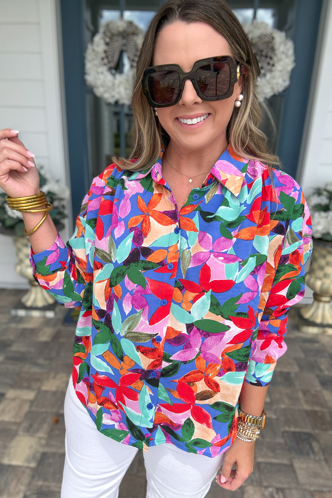 Color Me Happy Button Down Top-  Royal