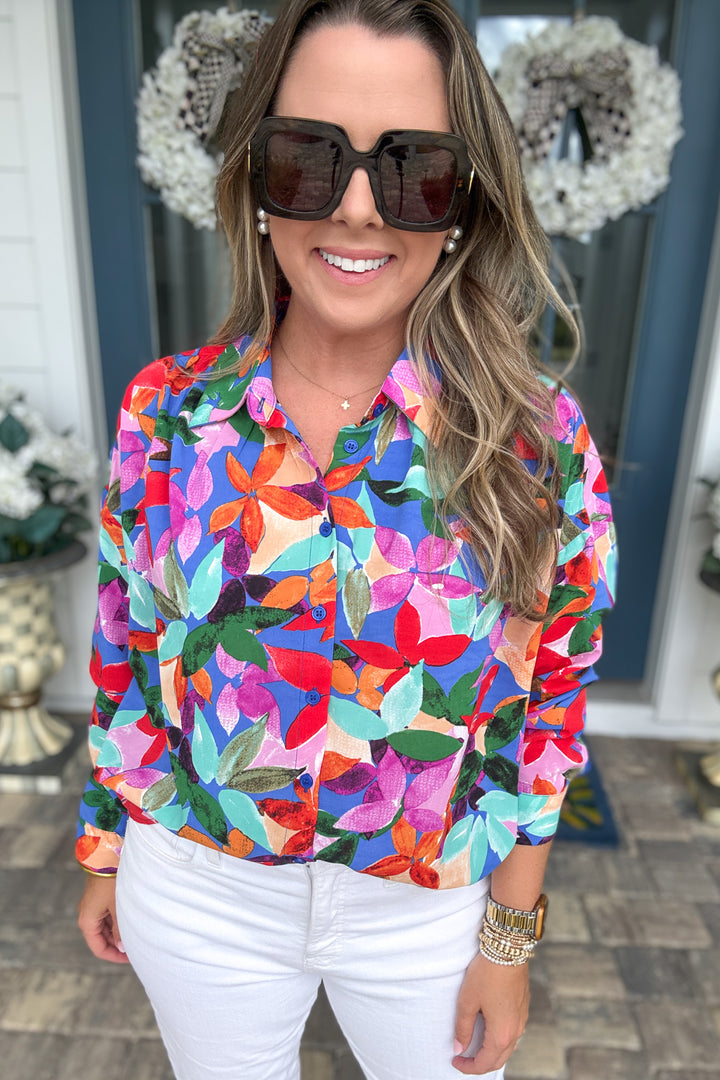 Color Me Happy Button Down Top-  Royal