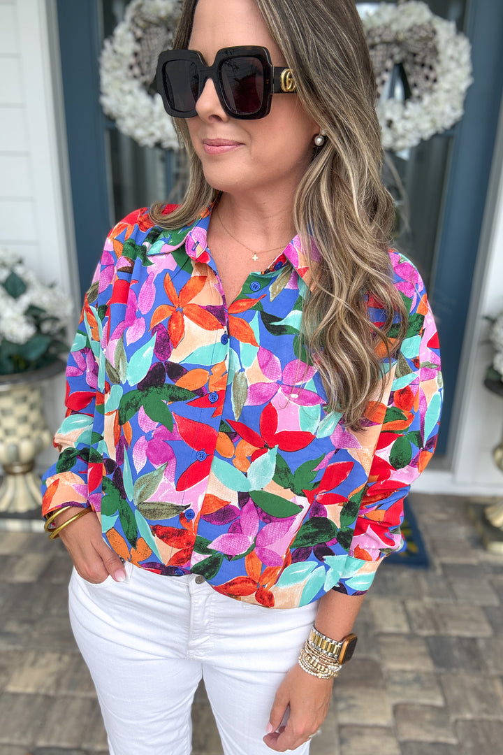 Color Me Happy Button Down Top-  Royal