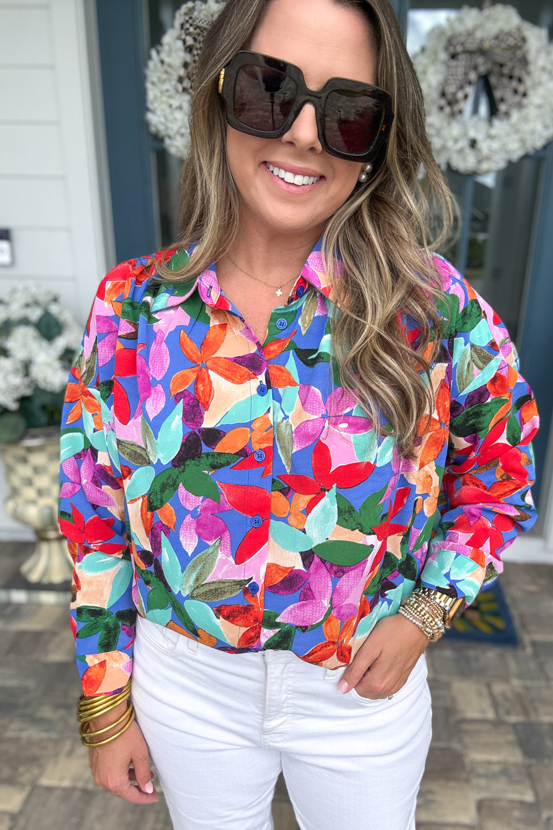 Color Me Happy Button Down Top-  Royal