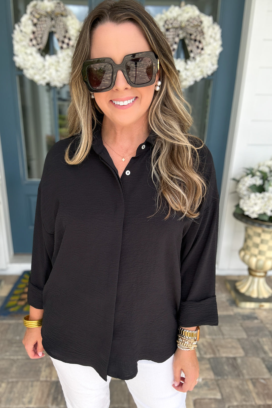 Fold Cuff Detail Button Down Top - Black