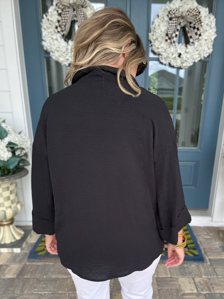 Fold Cuff Detail Button Down Top - Black