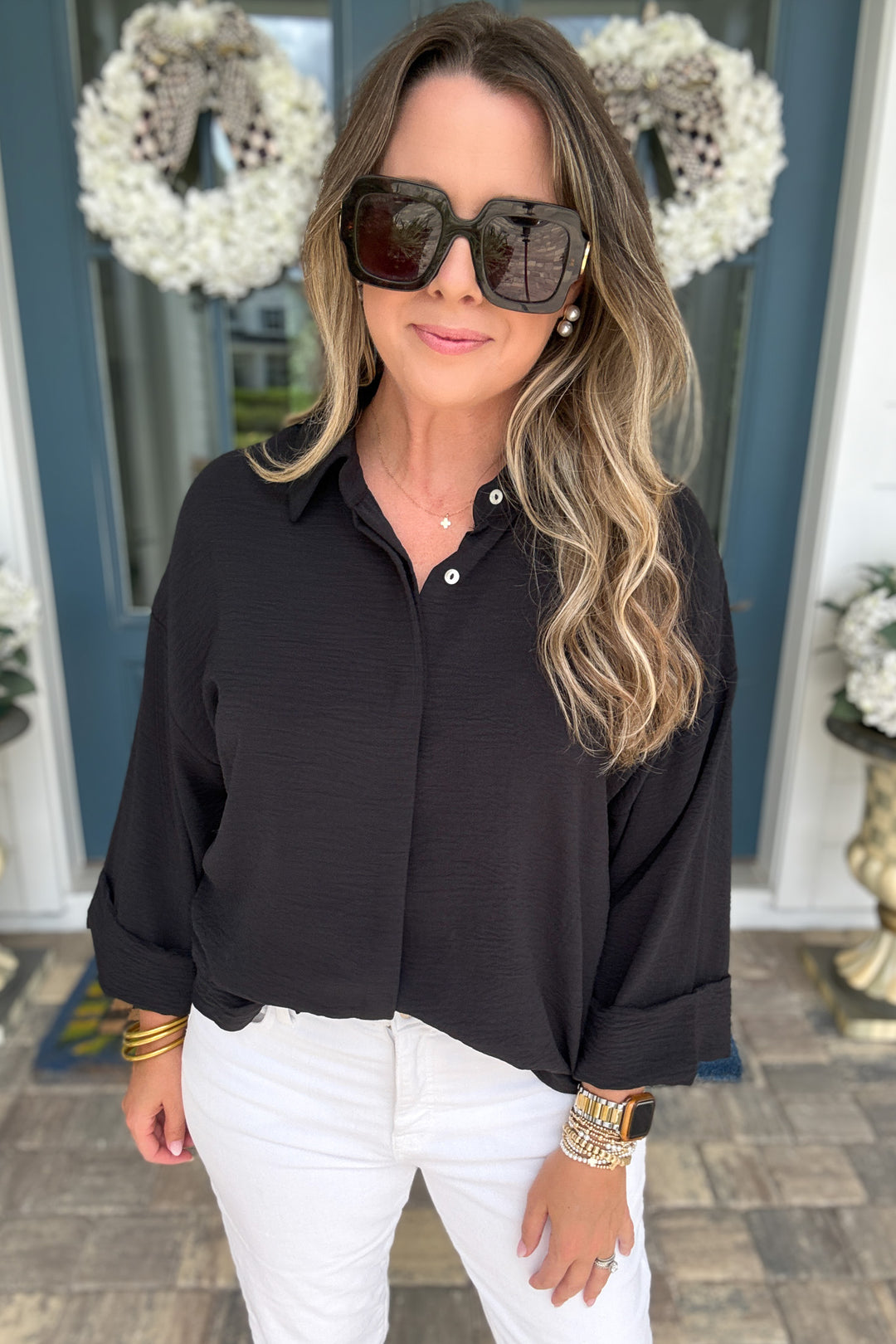 Fold Cuff Detail Button Down Top - Black