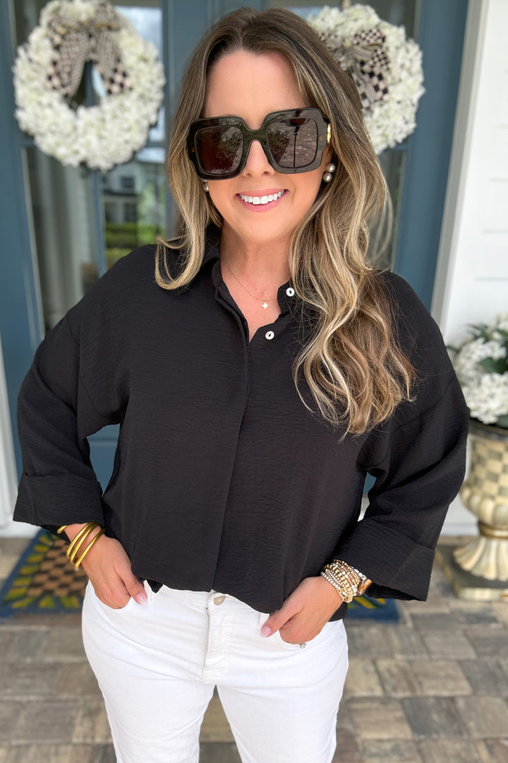 Fold Cuff Detail Button Down Top - Black