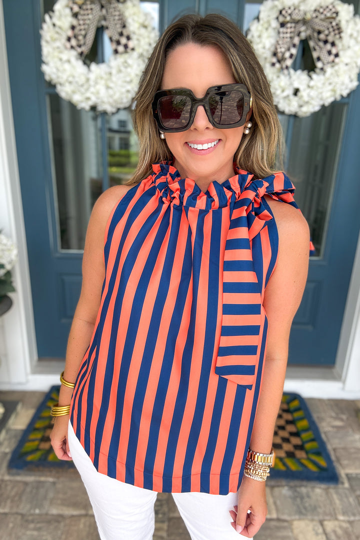 Amelia Striped Ruffle Neck Tie Top - Orange & Navy