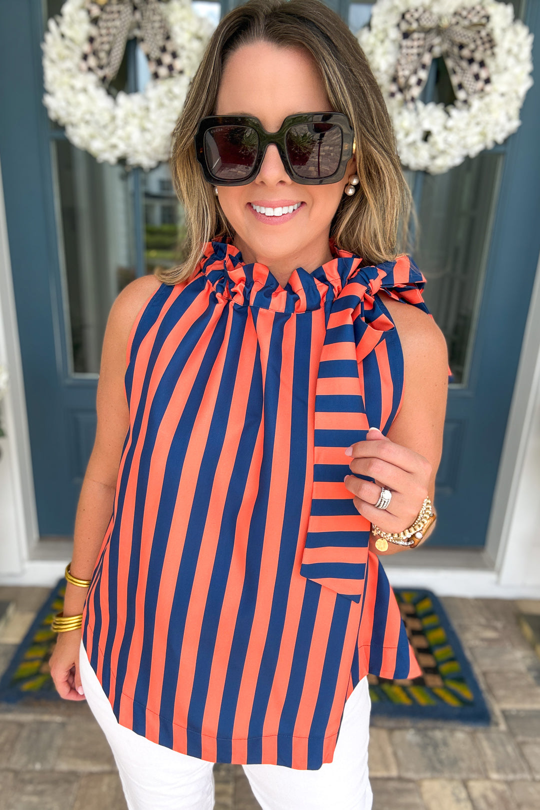 Amelia Striped Ruffle Neck Tie Top - Orange & Navy