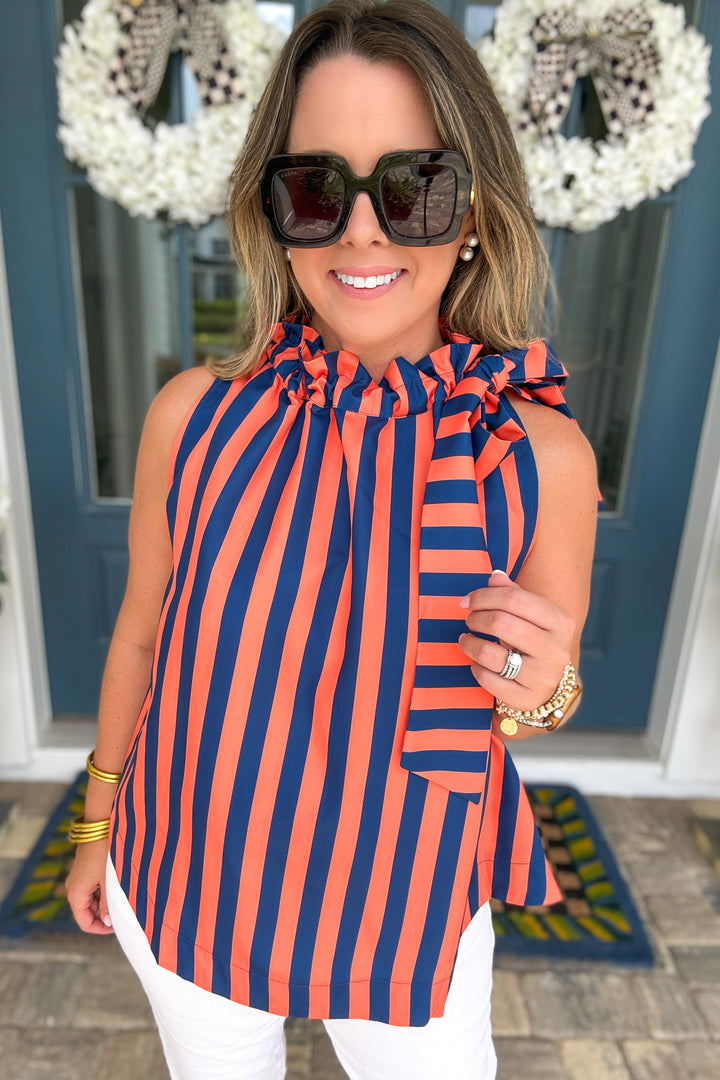Amelia Striped Ruffle Neck Tie Top - Orange & Navy