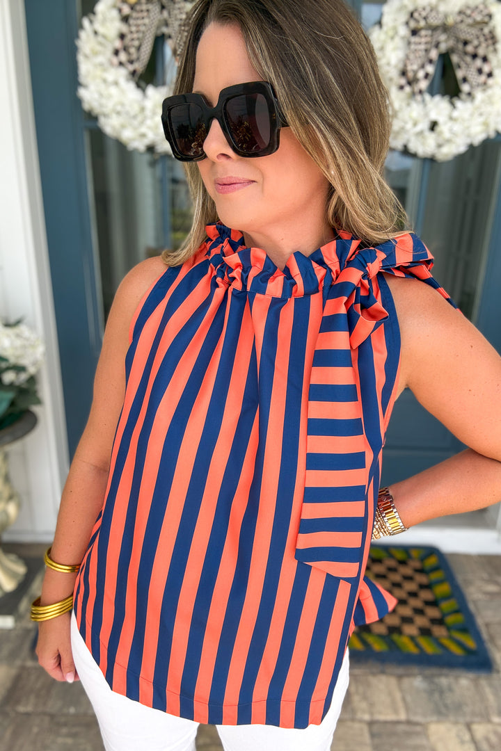 Amelia Striped Ruffle Neck Tie Top - Orange & Navy
