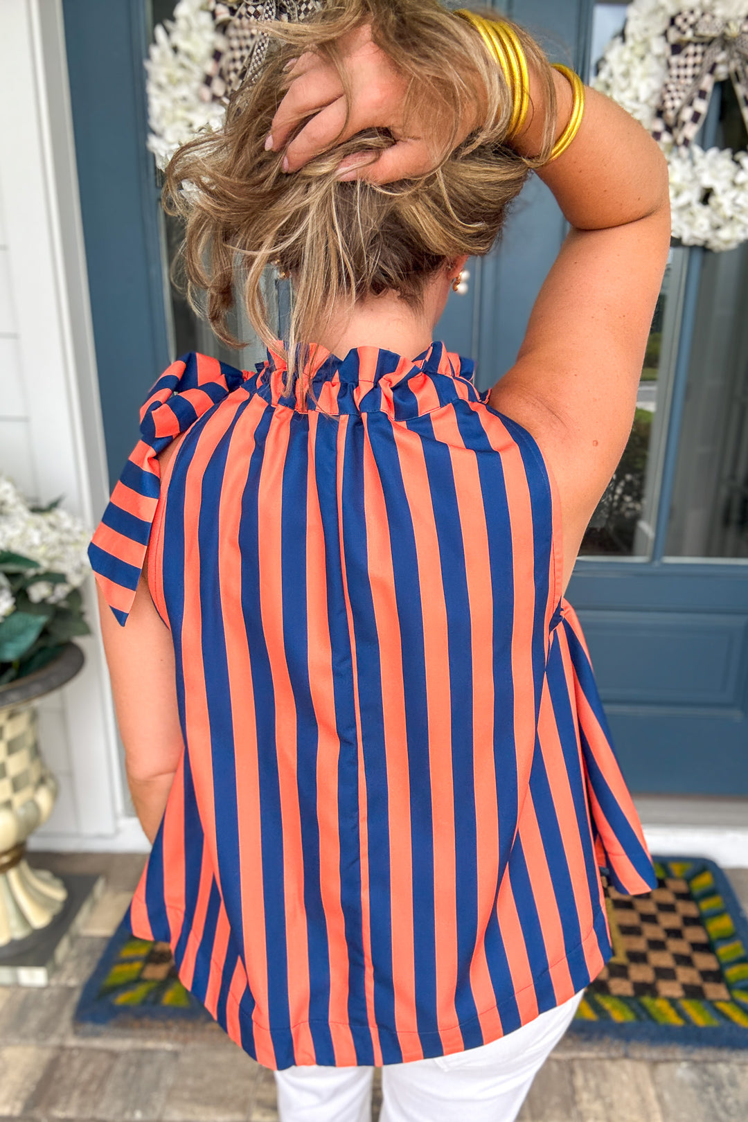 Amelia Striped Ruffle Neck Tie Top - Orange & Navy