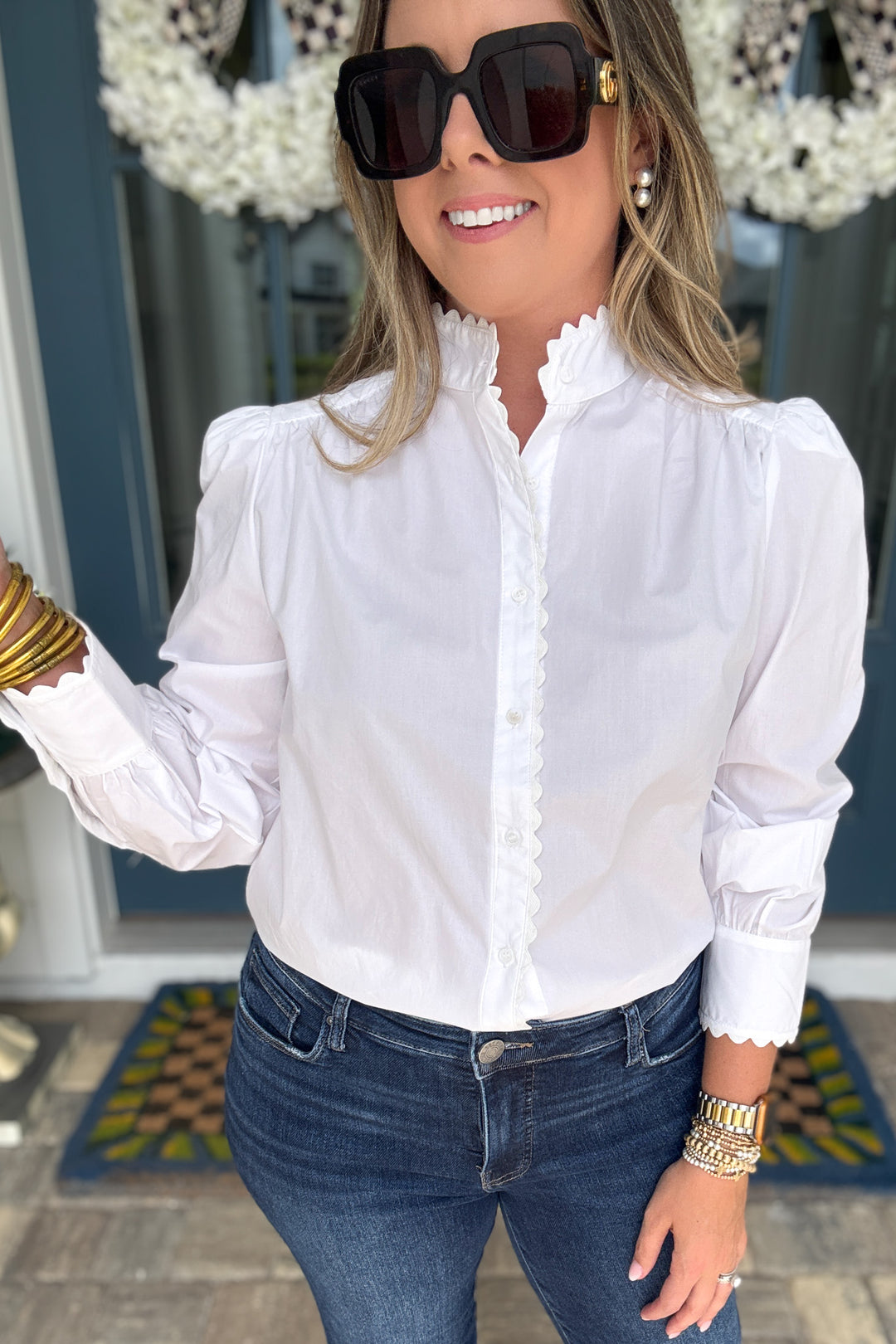 English Factory: Scallop Detail Button Front Shirt - White