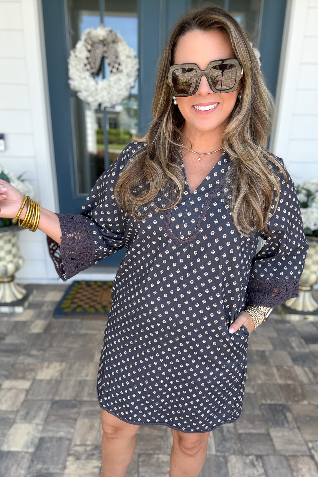 Lana Crochet Trim Shift Dress - Navy