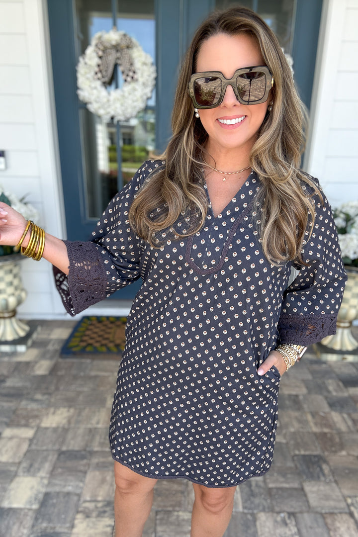 Lana Crochet Trim Shift Dress - Navy