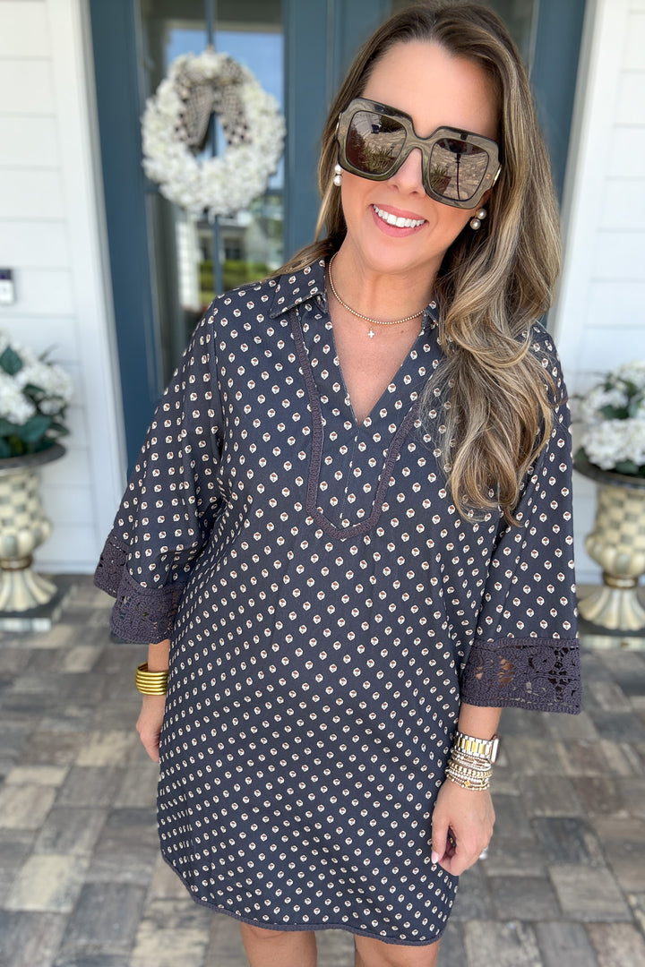 Lana Crochet Trim Shift Dress - Navy
